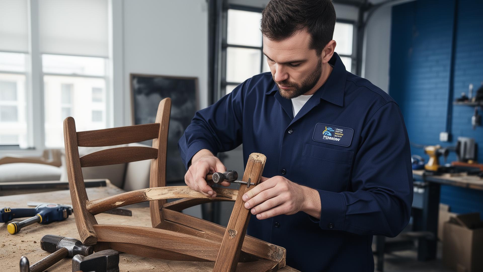 Furniture repair technician fixing a wooden chair in Metro Detroit